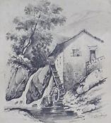 Pencil drawing 
James Duffield Harding (1797-1863)
Old watermill in a mountainous landscape, signed,