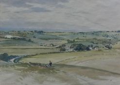 Watercolour 
Henry R. Wilkinson 
"On the Sussex Downs", rural scene with shepherd and flock, signed,