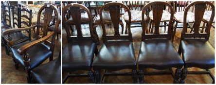 A set of five oak hoop back dining chairs with carved splats, upholstered stuffover seats, on carved