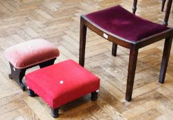 An oak rectangular dished top stool, with upholstered seat on square tapering legs, and two