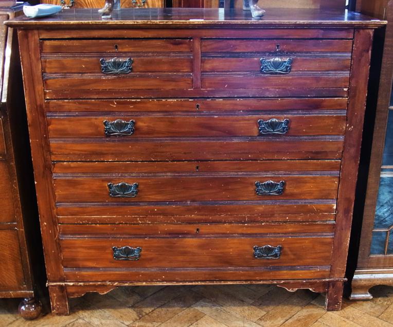 Late Victorian stained satin walnut chest of two short and three long graduated drawers on block