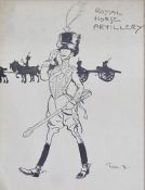 Pen and ink 
Humorous cartoon of a Royal Horse Artillery Officer, signed, 23  17 cm