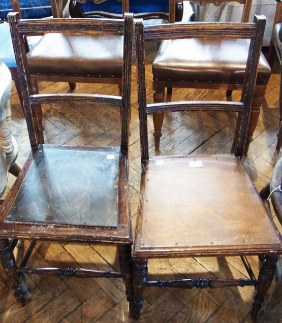 A pair of late Victorian stained beech occasional chairs with solid seats and turned legs with