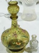 19th century green crackle glass bottle with inverse baluster top, flared base, enamelled with