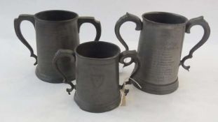 Three late nineteenth/early twentieth century pewter loving mugs, first marked "Eaton 1894, W.B.F.