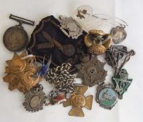 WWI war medal named to "K.3879 O.C. Lamport.STO.1.R.N", silver watch chain and fobs, 110g approx.