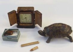 Tortoishell bell, travel clock, turned wood box and a Mordan pencil