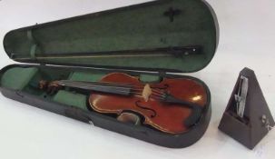 Mid-twentieth century violin, with varnished pine top, cased, with bow, together with a Paquet