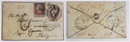 Postal History: 1847 6d mauve embossed four good large margins to Genoa in Italy, numerous marks