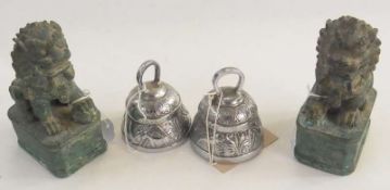 Pair painted pewter dog of Fo finials and pair of bells, (4)
