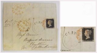 Postal History: Three margin 1d black on large part entire to Cheltenham from Bristol, 1840, with