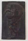 An "Atlas" fire mark, pressed copper mounted on wooden plaque, depicting man holding globe, 27cm