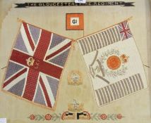 The Gloucestershire Regiment embroidered picture, 1900 Boer War, decorated with flags in wooden