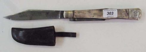 Horn-handled locking knife, with silver plated mounts, dated 1850, engraved ship and mermaids to