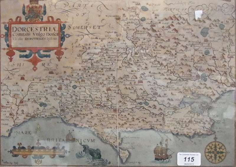Handcoloured map
William Kip, map of Dorsetshire, glazed and framed, 28 x 39cm