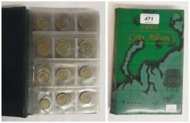Accumulation of coins of the world in album, including Malaysia and United Arab Emirates