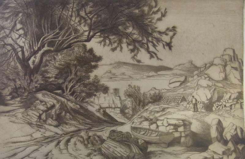 Original etching
Edward Bouverie Hoyton
"Tresco - Isles of Scilly" c.1940
40 x 59cm signed in ink,