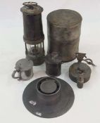 Twentieth century pewter inkwell, a lantern marked Wigan and other pewter items, (6)
