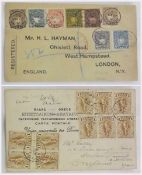 Postal History: British East Africa 1895 to London (eight stamps to eight annas) Lagos 1902