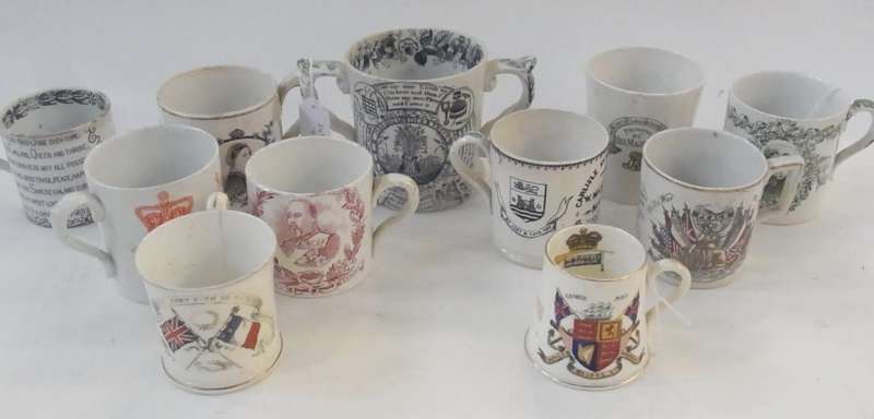 Five Victorian jubilee commemorative mugs, 1893 royal wedding commemorative mug, Farmers' Arms