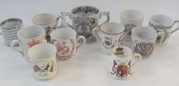 Five Victorian jubilee commemorative mugs, 1893 royal wedding commemorative mug, Farmers' Arms