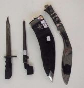 Kukuri knife, made by the Army Kukuri Works, Karan Pur, Dehradum, plus two bayonets, (3)