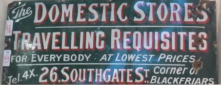 Enamel advertising sign for The Domestic Stores, inscribed "The Domestic Stores Travelling