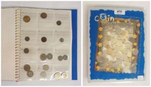 Accumulation of coins of the world in album, to include Britain, Singapore and France