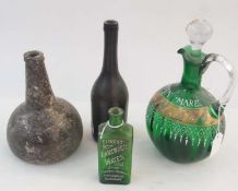 Eighteenth century green glass wine bottle, onion shape with iridescent overlay, having string rim