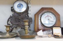 Schweppes aneroid barometer, inscribed "Schweppes, Purveyors to the King", on stained wood plaque,