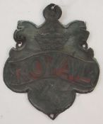 Royal Exchange red/green painted pressed copper fire mark, with crown and stork, 30cm high