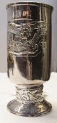 WWII Luftwaffe silver honour goblet, cylindrical and footed, the body repousse with battling eagles,