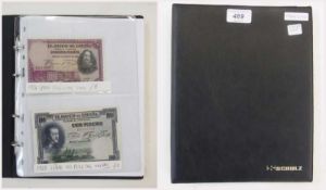 Album of notes containing Spain 100 pesetas 1925, 50 pesetas 1928, Cuba 20 pesos 1960, Mozambique