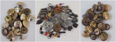 Collection of badges and three WWII medals, one named to "72622. V. Podmore" and a bag of RAF