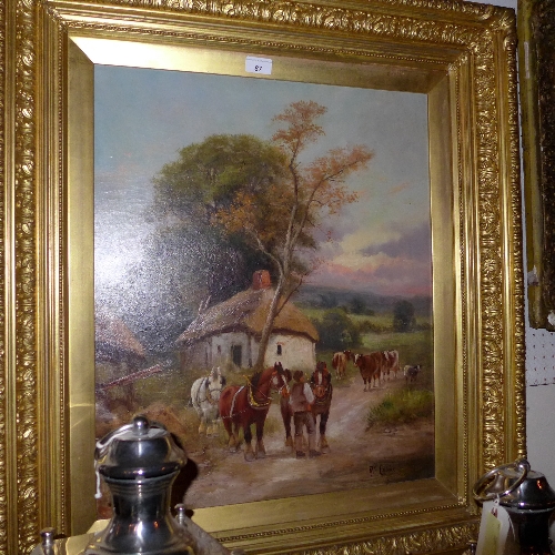 An early C20th oil on canvas rural cottage scene with figures beside shire horses and cattle signed