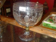 A C19th glass bowl on pedestal with etched initial and leafy decoration H 27 cm