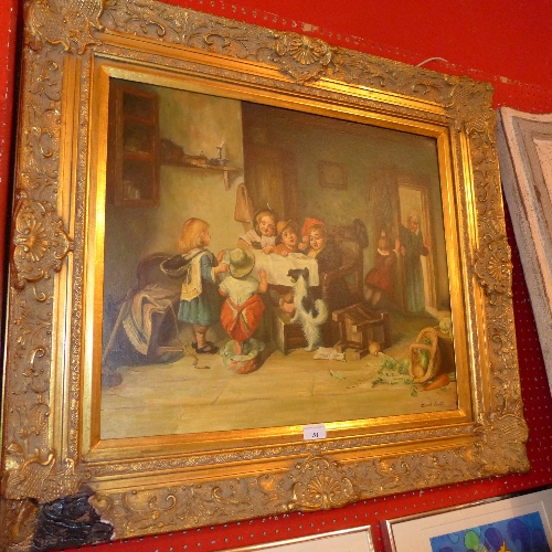 A gilt framed oil signed Alexander Burton children and teacher interior scene W 84 cm x H 72 cm