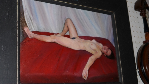 An oil on board of Georgina reclining in artists pose W 43 x H 36 cm