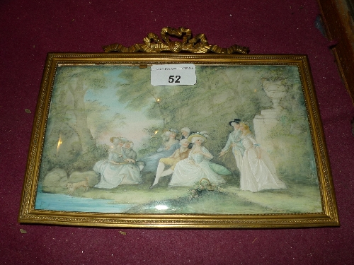 A miniature painting Pre-Raphaelite scene couples in conversation in a garden setting W 23 x H 18