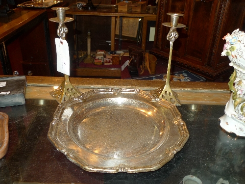 A pair of Art Nouveau design candlesticks together with an Elkington silver plated salver W 10 - 40