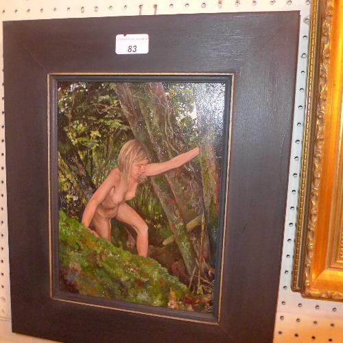An oil on board nude female Hayley in a woodland setting in ebonised frame W 35 x H 44 cm