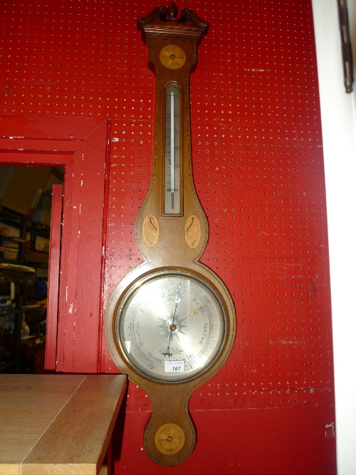 An inlaid mahogany banjo form barometer with thermometer L 100 cm