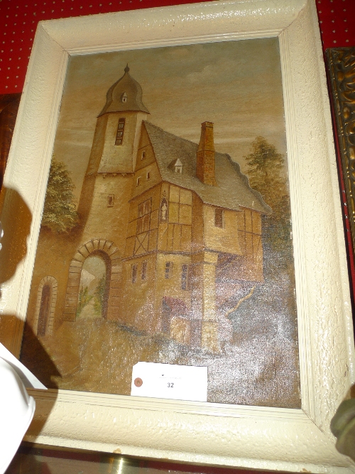 A C20th oil on canvas French manor house in painted frame W 32 cm x H 86 cm