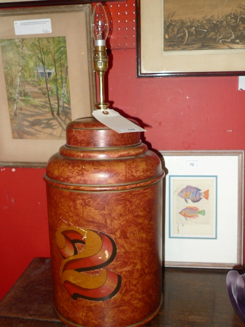 A numbered buff coloured Toleware lamp H x 65 cm