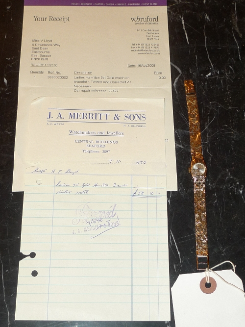 A 9ct gold ladies Hamilton watch with original invoice from 1970