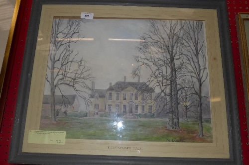 A watercolour of `Tickencoate Hall` signed framed and glazed W 98 H 39 cm