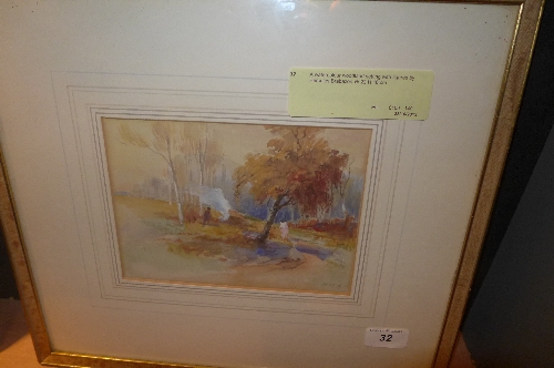 A watercolour woodland setting with figures by Hercules Brabazon W 22 H 16 cm