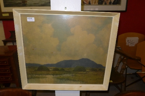 A colour print landscape after Paul Henry and a chromolithograph dancing girl