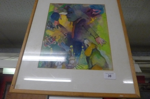 A watercolour abstract figures by Barrett W 25 H 32 cm