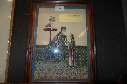 A C19th Chinese gouache on rice paper interior scene with damage to profusely carved frame